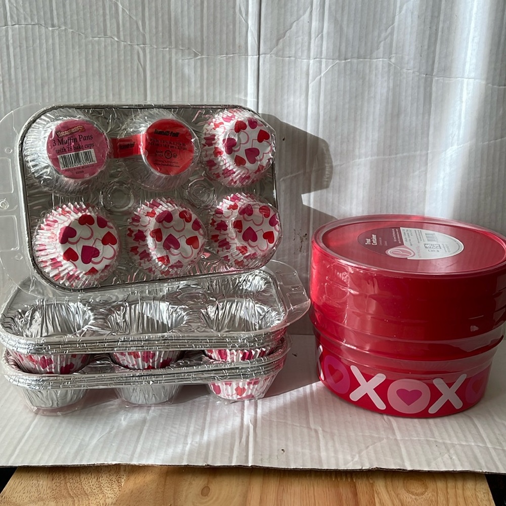 Valentine’s treat containers and muffins pans.